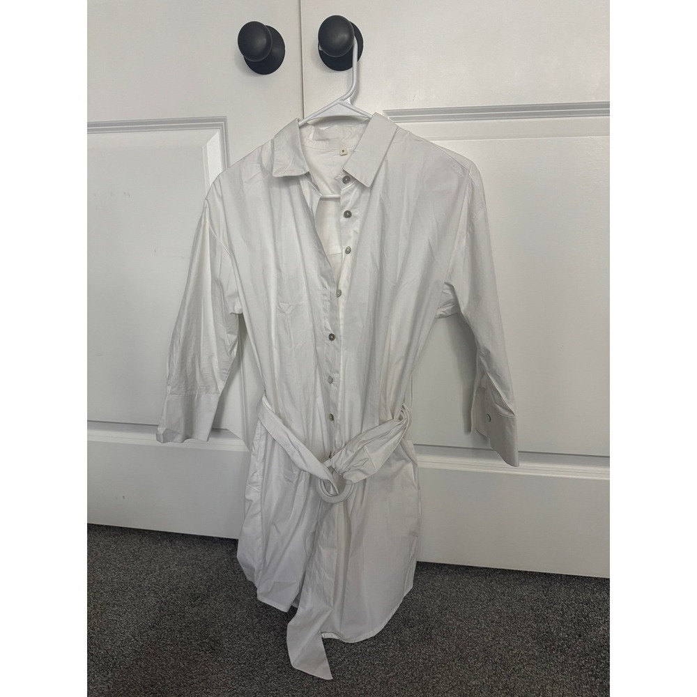 Womens Oversized Button Up Blouse with Belt White Grey Size S Lot of 2
